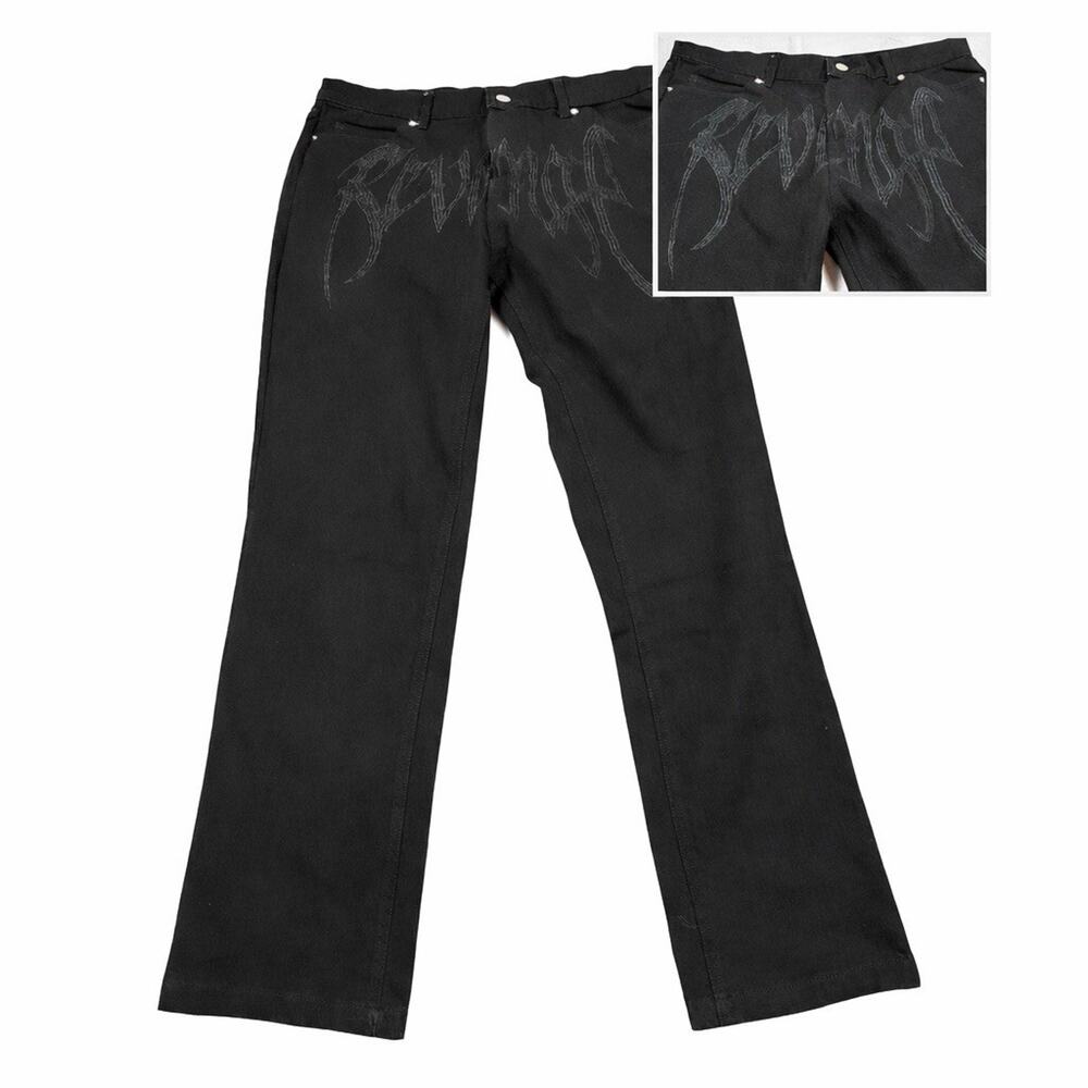 Revenge Black Bootcut Jeans Large Gothic Embroidered Streetwear Y2K